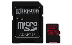128 GB . micro SDXC karta Kingston Canvas React Class U3 UHS-I V30 A1 (r100MB/s, w80MB/s) + adaptér