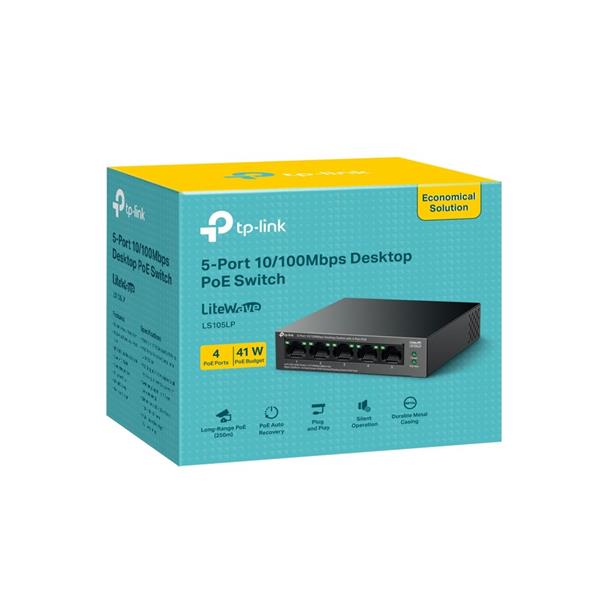 5-Port 10/100 Mbps Desktop Switch with 4-Port PoE PORT: 4× 10/100 Mbps PoE Ports, 1× 10/100 Mbps Non-PoE Port SPEC: 802.