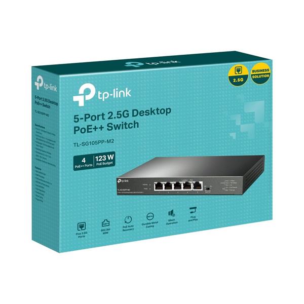 5-Port 2.5G Desktop Switch with 4-Port PoE++ PORT: 4× 2.5G PoE++ Ports, 1x 2.5G Non-PoE Port SPEC: 802.3af/at/bt type3,