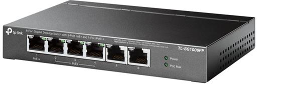 6-Port Gigabit Desktop Switch with 3-Port PoE+ and 1-Port PoE++ PORT: 1× Gigabit PoE++ Port, 3× Gigabit PoE+ Ports, 2x G