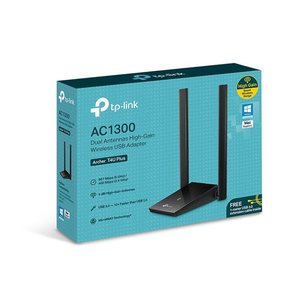 AC1300 High Gain Dual Band Wi-Fi USB Adapter SPEED: 867 Mbps at 5 GHz + 400 Mbps at 2.4 GHz SPEC: 2× High Gain External