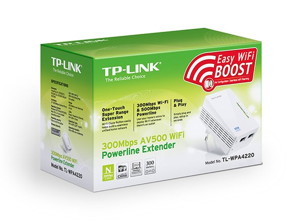 AV600 Powerline N300 Wi-Fi Extender SPEED: 300 Mbps at 2.4 GHz, 600 Mbps Powerline SPEC: Qualcomm CPU, 2× 10/100 Mbps Po