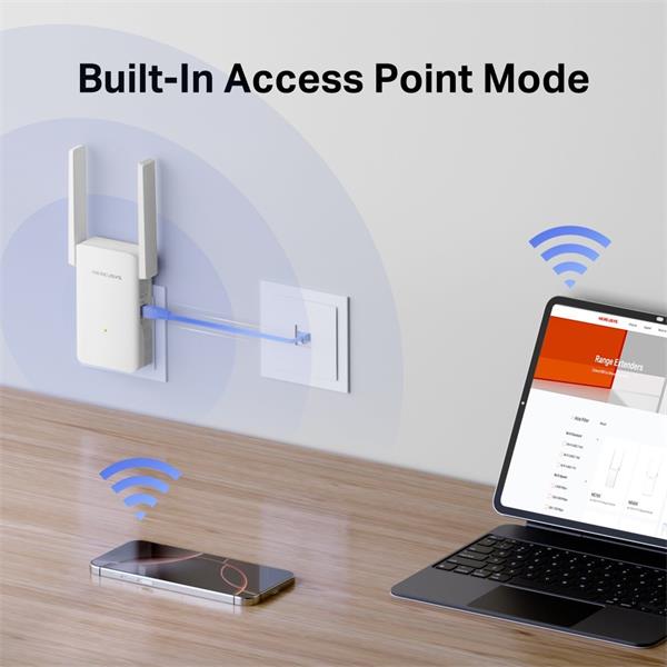AX3000 Wi-Fi Range Extender SPEED: 574 Mbps at 2.4 GHz + 2402 Mbps at 5 GHz SPEC: 2× Fixed External Antennas, 1× Gigabi
