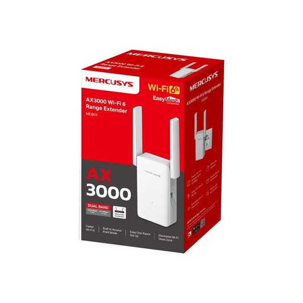 AX3000 Wi-Fi Range Extender SPEED: 574 Mbps at 2.4 GHz + 2402 Mbps at 5 GHz SPEC: 2× Fixed External Antennas, 1× Gigabi