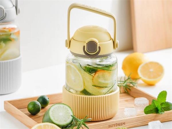 BUYDEEM Sklenená fľaša so slamkou 800 ml, model DG78, farba jemná žltá