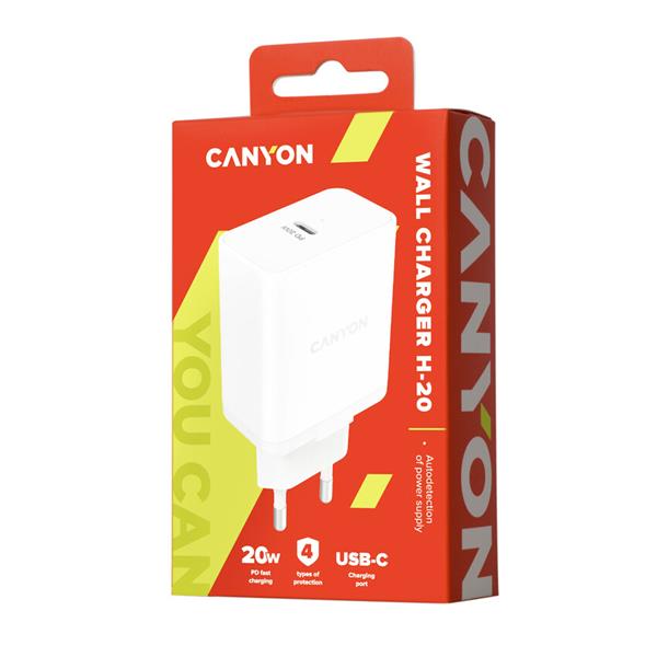 Canyon CNE-CHA20W, vysokorýchlostná univerzálna nabíjačka do steny 1xUSB-C, 20W, Power Delivery, biela