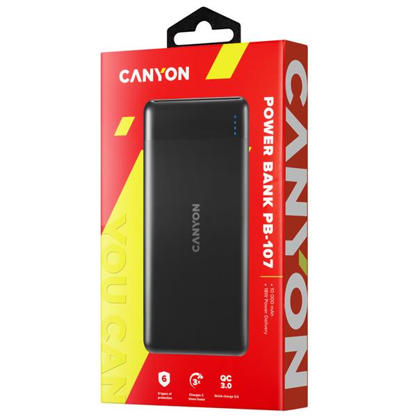 Canyon CNE-CPB1007B Powerbank, Li-pol, 10.000 mAh, Quick Charge 3.0, 18W, 2 x výstup, 2 x vstup, Power Delivery, LED
