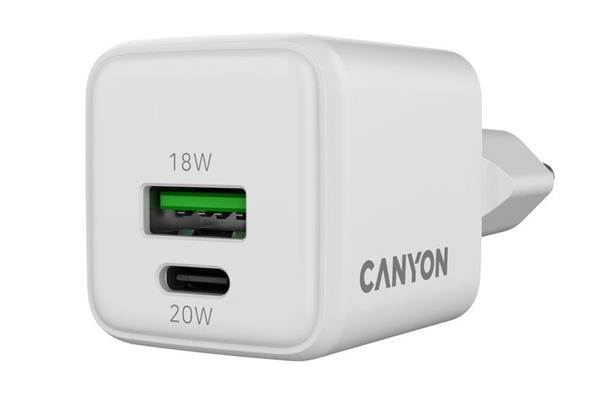 Canyon CU20AC vysokorýchlostná kompaktná univerzálna nabíjačka do steny 1x USB-C 20W, 1x USB-A 18W