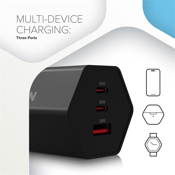 Canyon Hexagon 65, vysokorýchlostná univerzálna nabíjačka do steny, 65W, 2x USB-C + 1x USB-A, čierna