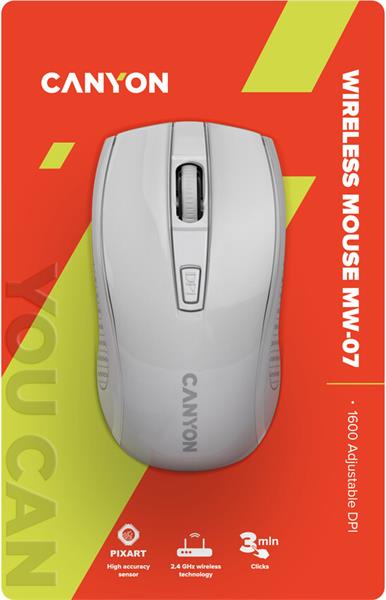 Canyon MW-07, Wireless optická myš USB, 800/1200/1600 dpi, Pixart 3065, 4 tlač, biela