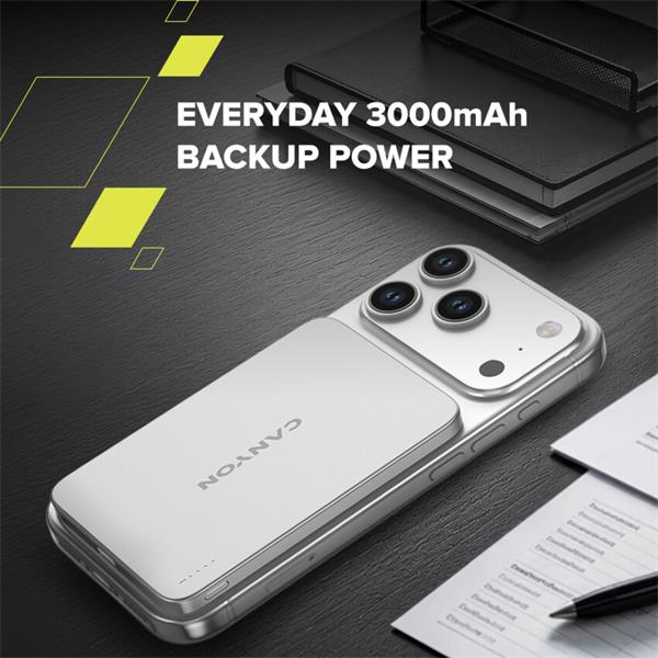Canyon OnCharge 503, Powerbank, 3 000 mAh,in: USB-C 10W,out: USB-C 10W+Wireless 7.5W, ultratenká, hliníková, strieborná