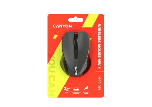 Canyon OnClick W01, Wireless optická myš USB, 800/1000/1200 dpi, šedo-čierna