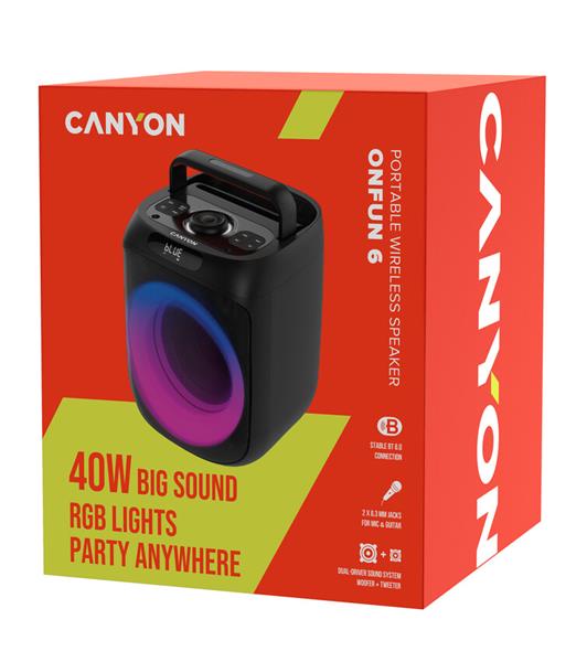 Canyon OnFun 6, 40 W Bluetooth prenosný párty reproduktor s RGB osvetlením, ekvalizérom a vstupom pre mikrofón/gitaru