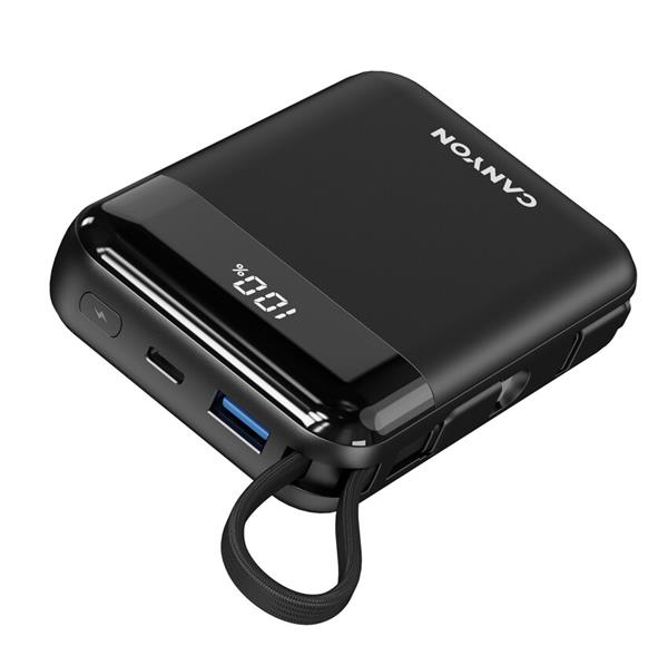 Canyon OnPower 104, powerbanka 10 000 mAh, 22.5 W, USB-C / USB-A, integrované káble USB-C + Lightning, čierna