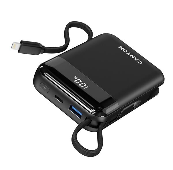 Canyon OnPower 104, powerbanka 10 000 mAh, 22.5 W, USB-C / USB-A, integrované káble USB-C + Lightning, čierna