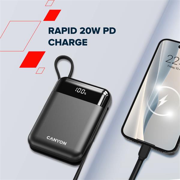 Canyon OnPower 104, powerbanka 10 000 mAh, 22.5 W, USB-C / USB-A, integrované káble USB-C + Lightning, čierna