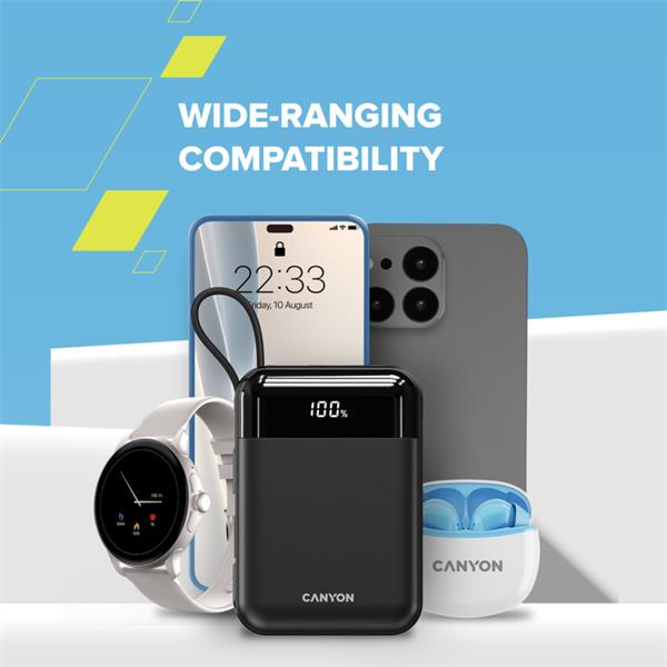 Canyon OnPower 104, powerbanka 10 000 mAh, 22.5 W, USB-C / USB-A, integrované káble USB-C + Lightning, čierna