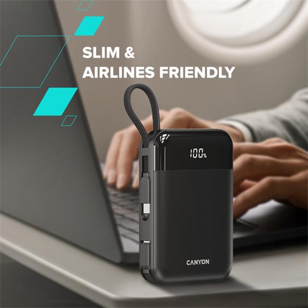 Canyon OnPower 104, powerbanka 10 000 mAh, 22.5 W, USB-C / USB-A, integrované káble USB-C + Lightning, čierna