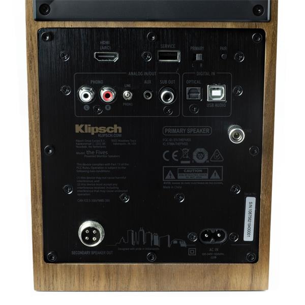 Klipsch The Fives, aktívne reproduktory, 160 W, Bass-reflex, BT, HDMI ARC, USB, Opt., Phono/Line In, hnedá, pár