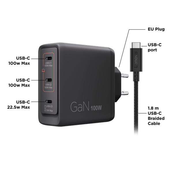Lenovo 100W PD, GaN charger, 3x USB-C, 1,8m kabel