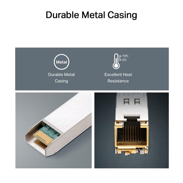 Omada 1000BASE-T RJ45 SFP Module SPEC: 1000Mbps RJ45 Copper Transceiver, Plug and Play with SFP Slot, Up to 100 m Distan