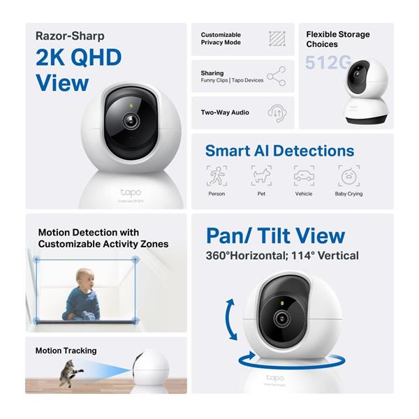 Pan/Tilt AI Home Security Wi-Fi Camera SPEC: 2K QHD (2560x1440), 2.4 GHz, Horizontal 360o FEATURE: Pan/Tilt, Smart AI D