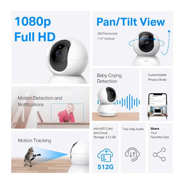 Pan/Tilt Home Security Wi-Fi Camera SPEC: 1080p, 2.4 GHz, Horizontal 360o FEATURE: Pan/Tilt, Motion Detection and Notifi