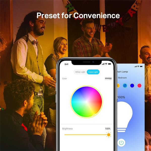 Smart Wi-Fi Light Bulb, Multicolor SPEC: 2.4 GHz, IEEE 802.11b/g/n, E27 Base, 220–240 V, 50/60 Hz, Brightness: W: 806 lm