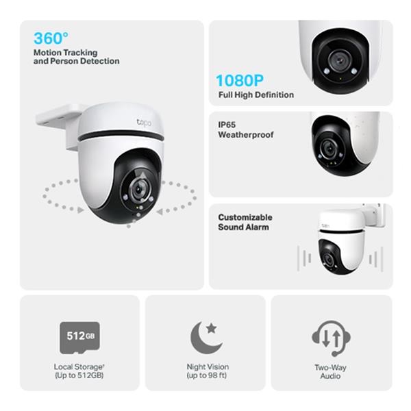 Tapo Outdoor Pan/Tilt Security Wi-Fi Camera SPEC: 1080p, 2.4 GHz, Horizontal 360o FEATURE: Physical Privacy Mode, Smart