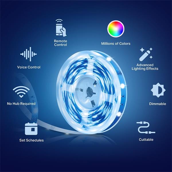 Tapo Smart Light Strip, Multicolor SPEC: 2.4 GHz Wi-Fi, 802.11b/g/n, one 16.4 ft/5m LED light strip(cut to size every 10