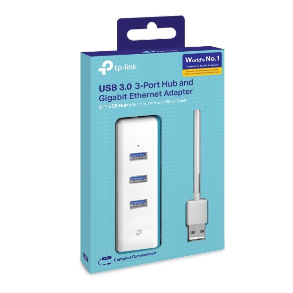 TP-LINK UE330 USB 3.0 to Gbit Ethernet Network Adapter with 3-Port USB 3.0 Hub, 1 USB 3.0 connector, 1 Gbit Eth.port